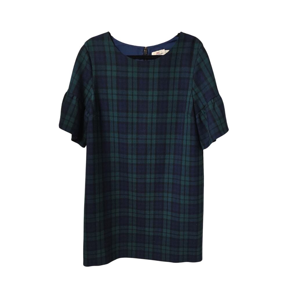 Vineyard Vines Navy Green Blackwatch Plaid Flutter Sleeve Shift Dress Womens 14